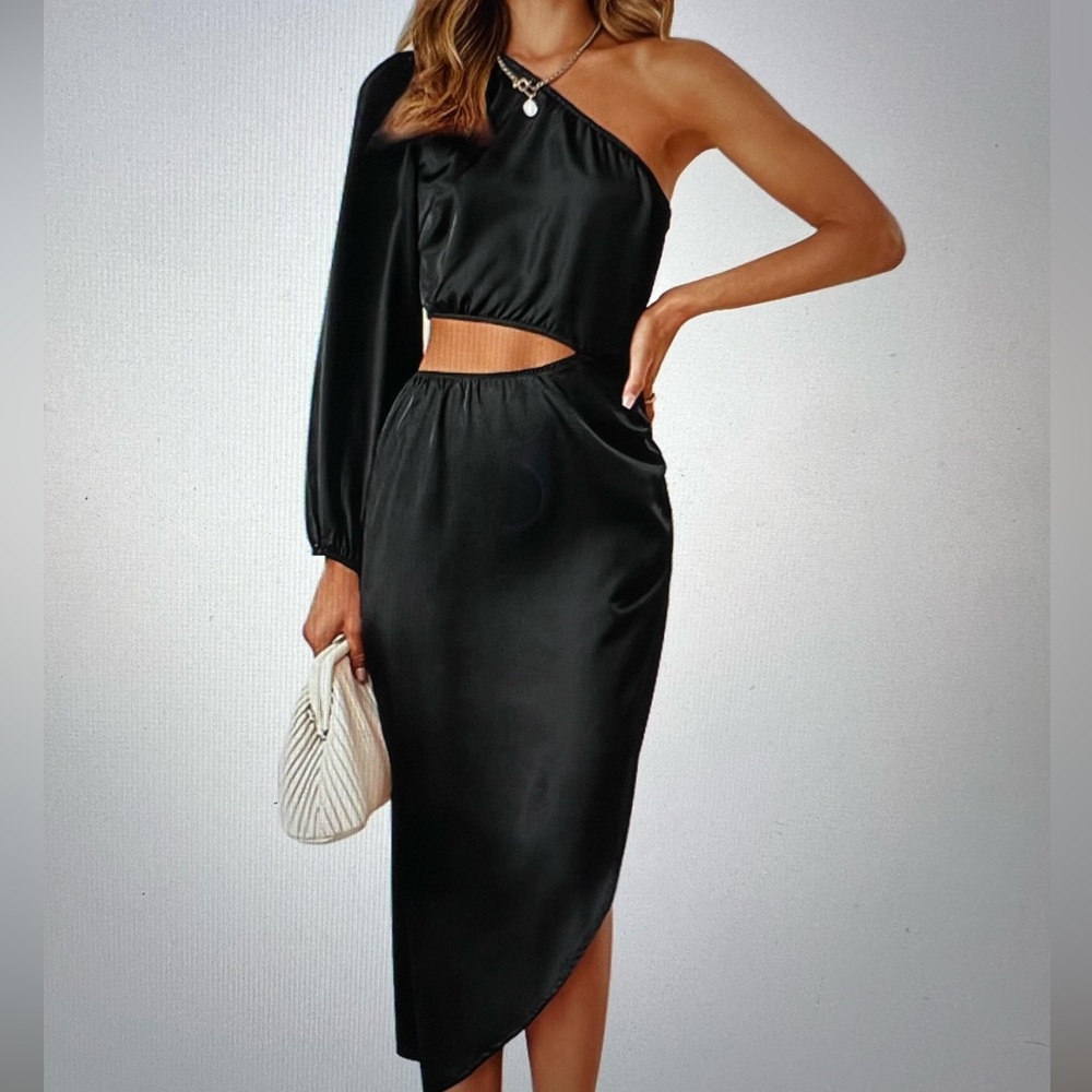 Black Satin One Shoulder MIDI Dress with Stomach Cut Out